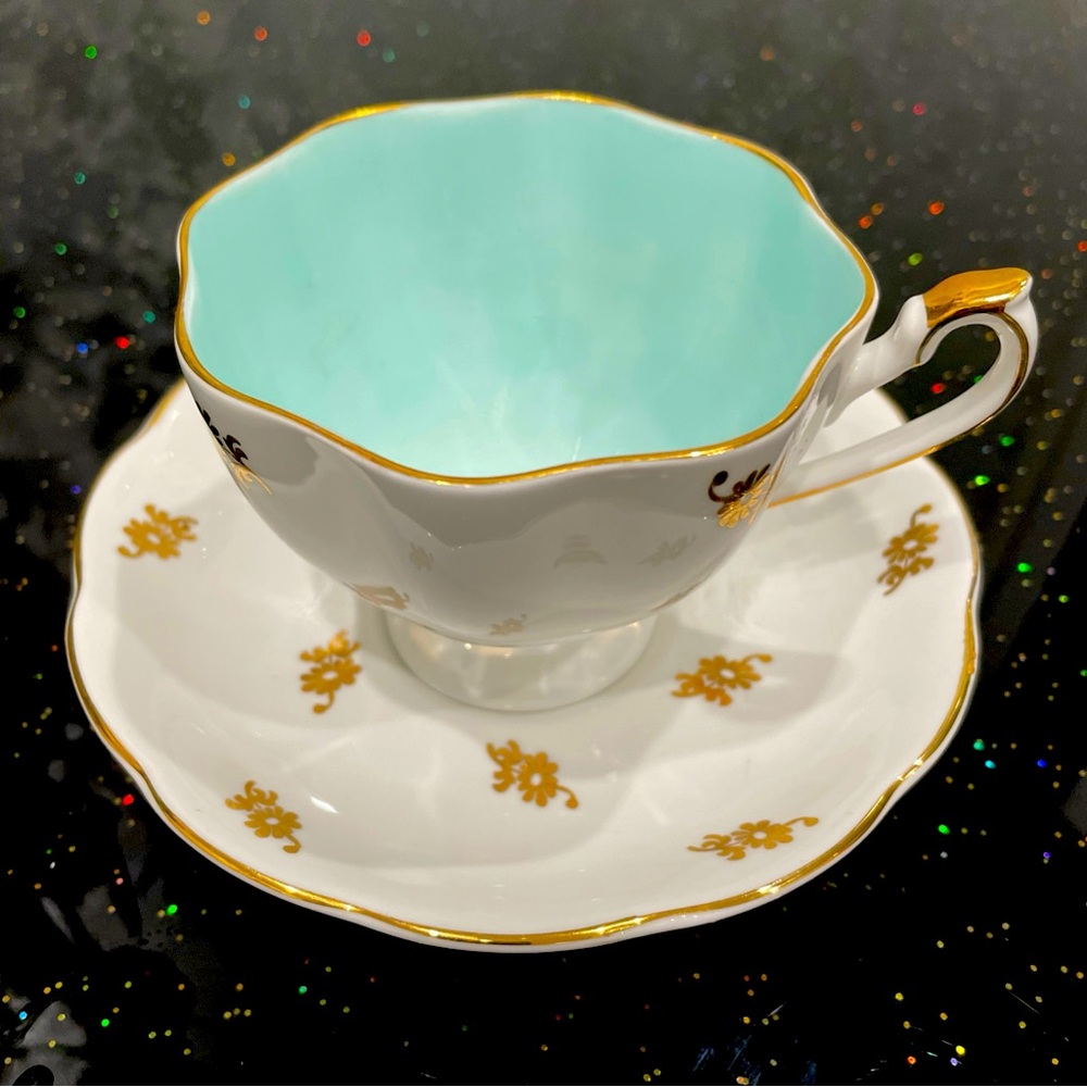 Queen Anne Fine Bone China Gold Floral Pale Blue Footed Teacup & Saucer England